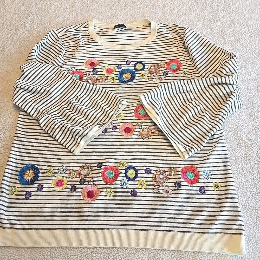 Talbots Women's L Striped 3/4 Sleeve Floral Embroidered Beads Boho Hippie Shirt - Picture 15 of 16